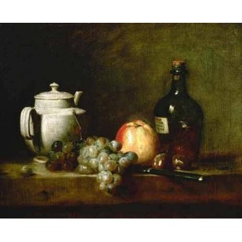 cuadros de bodegones - Cuadro -Tetera blanca, uvas, castañas, cuchillo y botellas-