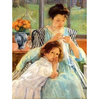 cuadros de retrato - Cuadro -1900 vers Young mother Sewing-