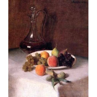 cuadros decorativos - Cuadro -Jarra de vino y plato de frutas sobre mantel blanco-