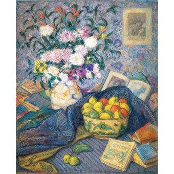 cuadros de bodegones - Cuadro -Jarron de flores con plátanos, limones y libros, 1917-