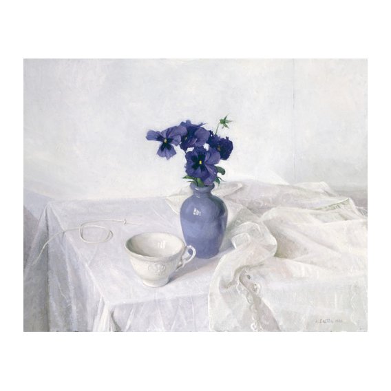 Cuadro -Pansies in a Blue Vase, Still Life, 1990-
