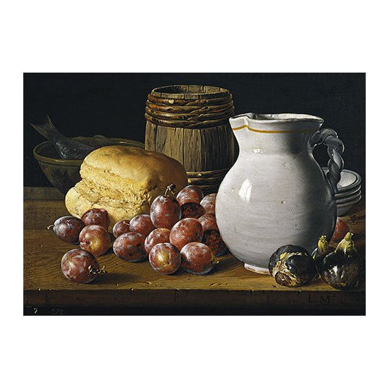 Cuadro - Bodegón con ciruelas, brevas, pan, y otros recipientes -