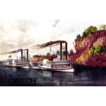 cuadros de mapas, grabados y acuarelas - Cuadro -Carrera de barcos de vapor en el Mississipi-