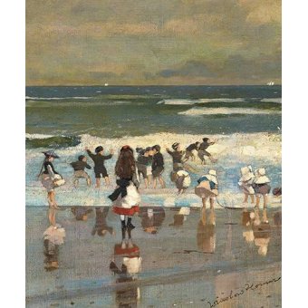 cuadros de marinas - Cuadro -Escena de playa con niños jugando en las olas-