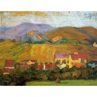 cuadros de paisajes - Cuadro -Pueblo con montañas-