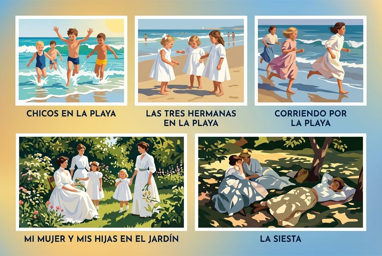 Una colección de cinco cuadros estilo Sorolla: niños en la playa, tres hermanas en la arena, mujeres corriendo por la orilla, un jardín familiar con tres mujeres y niñas, y una siesta bajo árboles con una figura descansando. la obra más importante de sorolla integra elementos luminosos y escenas costeras.
