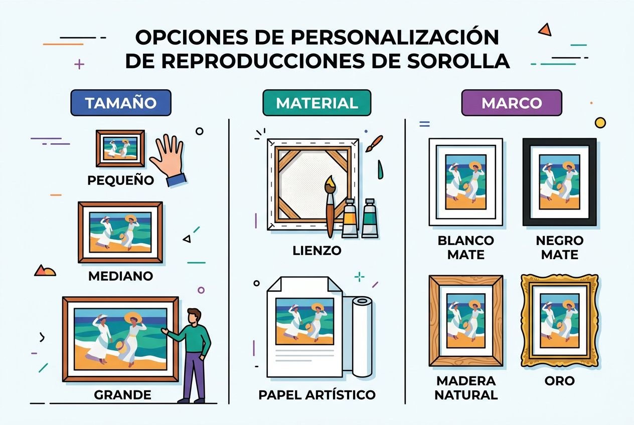 Ilustración de opciones de personalización de reproducciones de Sorolla: tamaños (pequeño, mediano, grande), material (lienzo, papel artístico) y marcos (blanco mate, negro mate, madera natural, oro). Público para "cómo elegir cuadro sorolla" integrada naturalmente.